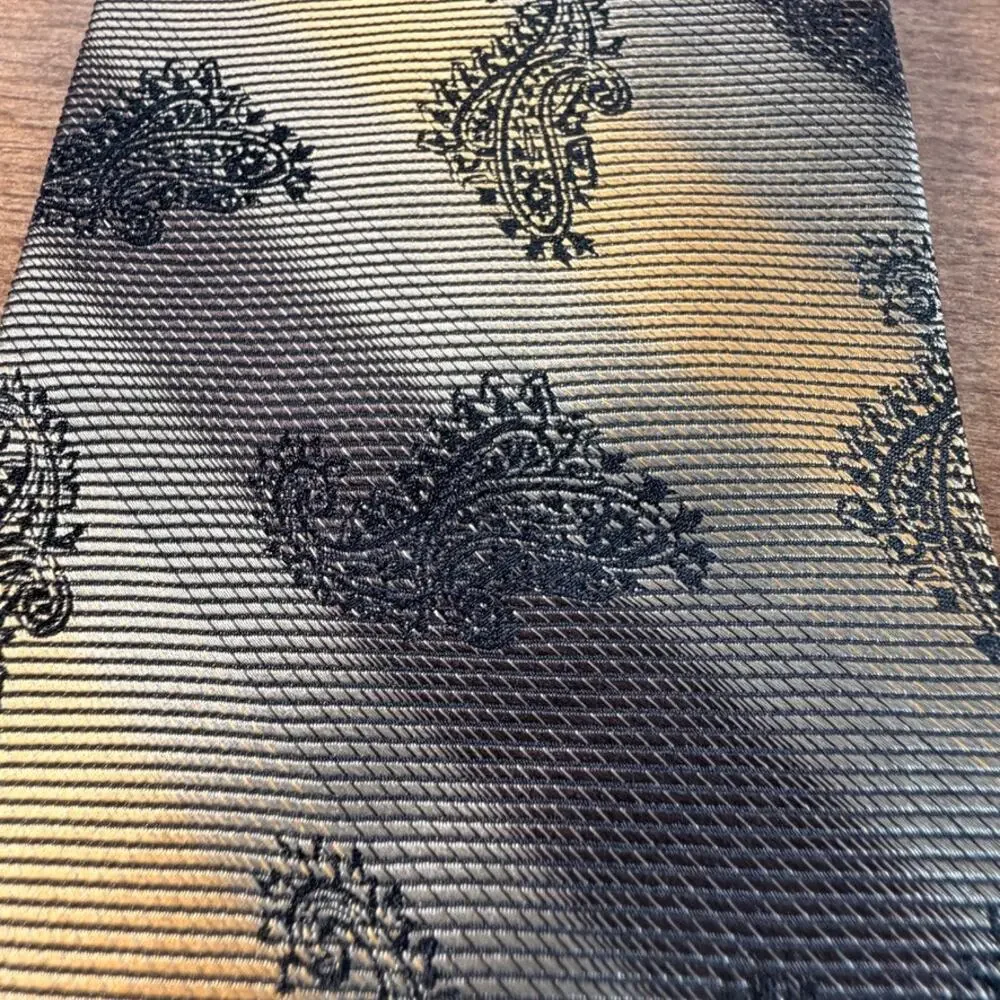 Vintage Studio Milano Handmade Gold Striped Paisley Silk Blend Necktie